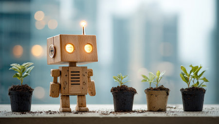 A wooden robot stands beside several small potted plants. The image displays a soft, diffused lighting, highlighting the textures of the wooden robot and the greenery. This conceptual composition could be used to illustrate themes related to technology, artificial intelligence, environmental responsibility, and innovation in a commercial setting.の素材