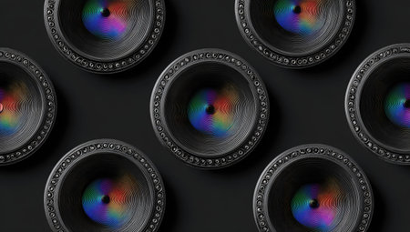 This image presents a repeating pattern of camera lenses, each displaying a colorful reflection within their depths. The arrangement sits against a dark background, creating a high-contrast visual. The composition suggests themes of technology and visual recording, suitable for various design and commercial applications.の素材