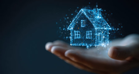 A digital representation of a house, constructed from glowing blue lines and dots, hovers above a person's outstretched hand. The composition features a dark, blurred background that adds depth. This image can be used for conceptual projects about technology, property, and innovation in a commercial setting.の素材