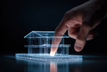 A hand interacts with a holographic house model, emphasizing concept of technology. The image showcases a futuristic architectural design, with a glowing blue outline against a dark backdrop. Suitable for visualizing innovation and design, the image could be utilized for various commercial and editorial projects.の素材