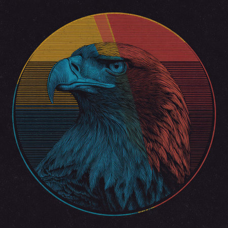 An eagle portrait is presented within a circular design featuring a retro color palette. The image showcases the bird's head and eye, set against a background of lines and color gradients. Suitable for commercial projects or editorial use, this design provides a striking visual appeal.の素材