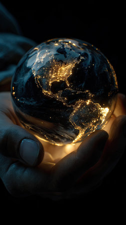 A close-up view depicts a hand cradling a luminous sphere, resembling Earth. The continents are illuminated, suggesting a nighttime perspective. The image utilizes a dark background, creating contrast. This visual could be utilized in various commercial projects, including editorials and design. The composition is centered, providing symmetry.の素材
