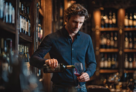 A man is shown in a cellar pouring wine into a glass. The scene features various bottles arranged on shelves, with soft lighting enhancing the atmosphere. The image is suitable for editorial or commercial applications, potentially related to wine production, lifestyle, or business.の素材