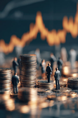 Miniature figures stand atop stacks of coins, against a blurred background suggesting market fluctuations. The scene displays a shallow depth of field, with warm lighting and a focus on the coins. The photograph portrays economic themes that may be suitable for a variety of financial or business-related applications.の素材