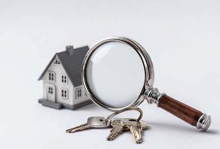 A close-up view presents a miniature house model alongside a magnifying glass and keys. The composition, set against a white backdrop, exhibits a neutral color palette. The scene likely suggests themes of property, investigation, or security, suitable for various visual applications.の素材