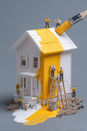 A miniature house is depicted in the process of being painted with yellow. Several tiny figures simulate painters, engaged in the act of applying color to the structure. The scene is lit with a soft quality, suggesting a conceptual illustration suitable for various commercial purposes.の素材