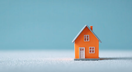 A small orange house model is centered against a light blue backdrop, with a textured surface in the foreground. The composition features soft lighting and ample copy space, offering versatility for various design and advertising needs. This image is suitable for real estate, home improvement, or financial concept usage.の素材