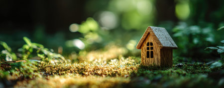 A small wooden house sits upon a bed of moss, showcasing a natural, textured aesthetic. Lush green foliage forms a soft, blurred background, illuminated by sunlight. The scene suggests a serene, outdoor setting, possibly suitable for editorial and commercial applications related to nature, housing, or environmental themes.の素材
