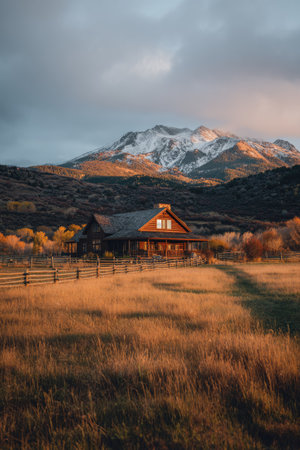 A wooden cabin sits amidst a field of tall grass, backed by a range of mountains under a cloudy sky. The scene is bathed in warm light, suggesting either sunrise or sunset. The composition uses natural elements, with a rustic style. This image could be used for articles, websites, or promotional materials.の素材