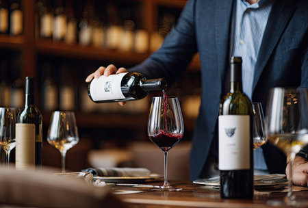 A person in a dark suit is carefully pouring red wine into a glass. The scene takes place in a restaurant or bar, with a collection of wine bottles visible in the background. The lighting is soft, creating an intimate atmosphere. The image could be used for articles about fine dining, wine appreciation, or elegant lifestyle.の素材