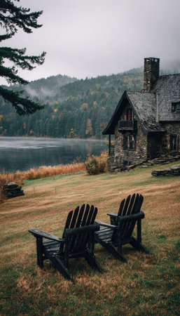 An outdoor scene features a cabin with a chimney, a lake, and two chairs. The chairs are placed on a grassy area. The color palette includes natural tones of green, brown, and grey, under an overcast sky. This composition could be suitable for a variety of uses, including travel and lifestyle content.の素材