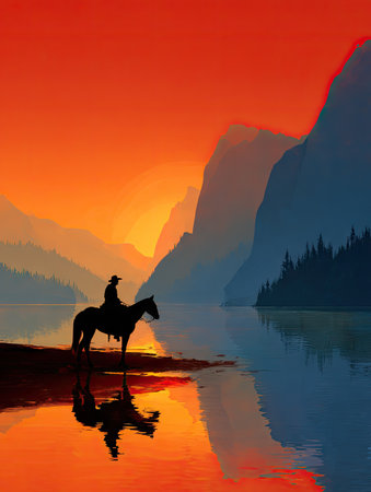 A cowboy rides a horse silhouetted against a vibrant orange and red sunset. The scene depicts a tranquil lake or river reflecting the rider and mountainous landscape. The composition features high contrast and rich colors, suggesting a dramatic and artistic style, suitable for various editorial and commercial applications.の素材