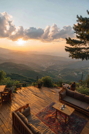A breathtaking sunset illuminates a mountain vista, viewed from a wooden deck furnished with sofas and a small table. The image features warm colors, soft lighting, and a panoramic composition, ideal for evoking a sense of tranquility. Suitable for travel, lifestyle, or design applications.の素材