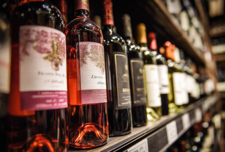 Wine bottles of different colors and labels are arranged on a shelf. The bottles are lined up, creating a visually appealing display. The lighting highlights the different colors of the beverages and labels. This image could be used for advertising, promotional materials, or editorial content related to beverages.の素材