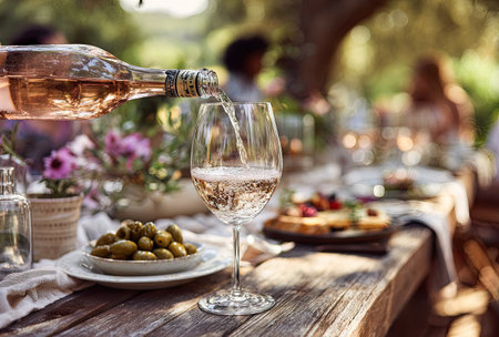 A close-up captures wine being poured into a glass. The scene includes a wooden table with plates and food. The composition is likely in natural light, suggesting an outdoor setting. This image could be used for lifestyle, culinary, or editorial content.の素材