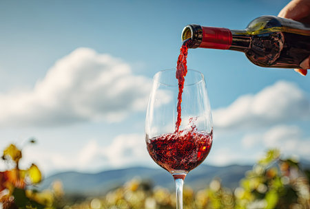 A bottle pours red wine into a clear glass, with a background of rolling hills and a partly cloudy sky. The composition features vivid colors, suggesting a bright day. The image has potential for use in advertising, editorial content, or promotional materials. The scene implies outdoor enjoyment.の素材