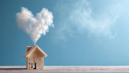 A miniature wooden house features smoke forming a heart shape, set against a soft blue backdrop. The image utilizes warm tones and a shallow depth of field, creating a whimsical and symbolic atmosphere. Suitable for use in conceptual designs, illustrations, and marketing materials related to home, love, and environmental themes.の素材