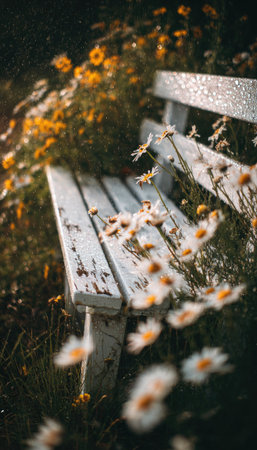 A weathered wooden bench sits amongst a vibrant display of wildflowers, bathed in soft, natural light. The scene features a close-up composition, showcasing the textures of the bench and the delicate petals. This image could be suitable for various commercial uses, including website backgrounds and editorial content.の素材