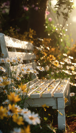An inviting wooden bench is the focal point, surrounded by blooming flowers, bathed in sunlight. The scene is dominated by soft lighting and a warm color palette. This image evokes tranquility, suggesting an idyllic outdoor setting, ideal for commercial projects or editorial use focusing on nature and relaxation.の素材