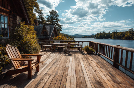 A wooden deck extends toward a calm lake, with a house and trees providing a scenic backdrop. The scene is bathed in sunlight, with a natural composition of textures and colors. The image suggests potential use in travel, design, or lifestyle projects, suitable for a wide range of creative applications.の素材
