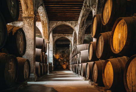Rows of wooden barrels fill an arched-ceiling storage area. The image showcases the texture of the aged wood and the atmospheric lighting within the structure. The composition emphasizes depth, with an open path leading through the rows. This scene could be utilized for various commercial and editorial projects.の素材