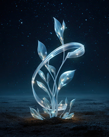 An illustration depicts a luminous plant with transparent leaves, illuminated against a dark blue backdrop resembling a night sky. The artwork showcases a stylized design, featuring soft lighting and a focus on form. This image could be used for various design projects, including digital art, website graphics, or decorative prints.の素材