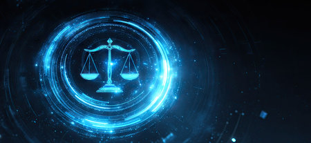 An illustration depicts a justice scale enveloped in a glowing blue circular design. The image showcases a dark background and a vibrant display of light and color. This design is possibly suitable for diverse commercial applications involving law, technology, or legal concept presentation.の素材