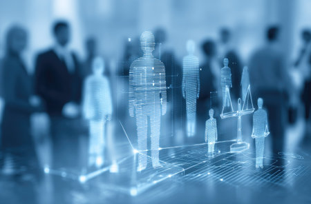 This image presents a conceptual illustration featuring numerous human figures and digital representations. The composition utilizes a blue color palette with blurred elements creating an atmospheric effect. It can be used for various purposes like business, technology, or editorial projects illustrating concepts of connection and data.の素材