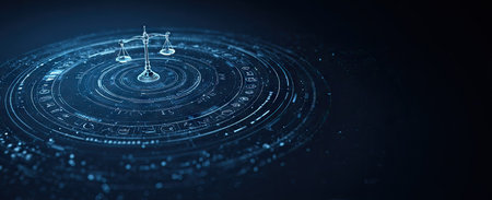 An artistic image presents a pair of scales of justice floating over a series of concentric circular lines with a dark blue backdrop. The style is abstract and conceptual, possibly suggesting technology or the digital world. This image could be applicable for use in legal, business, and financial contexts.の素材