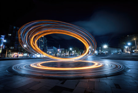 An abstract composition features luminous trails of light forming circles against a night sky backdrop. The scene displays long exposure effects creating a dynamic visual, with a mix of orange and blue tones. It could be used for various design, marketing, or conceptual projects, emphasizing modern urban themes.の素材