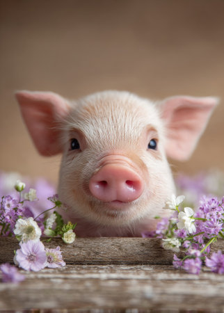 A charming close-up showcases a piglet nestled amongst delicate purple flowers. The warm lighting highlights the piglet's pink skin and expressive eyes. The composition focuses on a rustic wooden surface, suggesting a natural and serene environment. This image is suitable for various commercial uses.の素材
