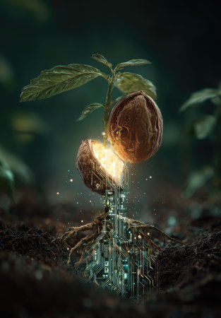 An artistic depiction presents a plant emerging from a circuit board, with a glowing fruit. The image showcases a contrast of natural and artificial elements. It utilizes a dark, atmospheric backdrop, enhancing the illuminated fruit. Suitable for illustrating ideas related to technology, innovation, and environmental themes. Good for commercial and editorial purposes.の素材