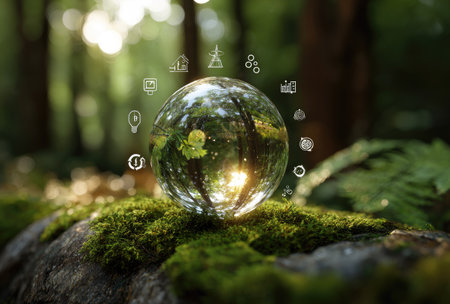 A crystal ball, resting on a bed of moss, reflects a forest scene. The composition features rich greens and natural textures, with bright sunlight creating a halo effect. Surrounding the orb are icons representing various environmental concepts. Suitable for uses related to nature and sustainability.の素材