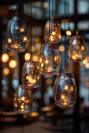 Ornate glass pendant lights with star-shaped patterns illuminate a dimly lit setting. Each light fixture features a unique shape and size, producing a warm, inviting ambiance. The composition highlights a play of light and shadow, suitable for various editorial and commercial applications. The scene conveys a sense of elegance and sophistication.の素材