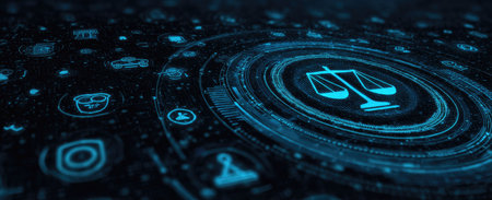 An image featuring a digital concept with a justice symbol centered in a circular design. The composition utilizes a dark color scheme with glowing blue elements, possibly representing data or network connections. This image could be used for topics related to law, technology, and information security.の素材