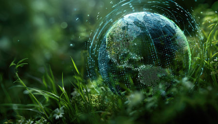 An illustrated Earth globe is depicted amidst vibrant green grass, possibly representing the interconnectedness of global communication and environmental sustainability. The composition uses a shallow depth of field, with soft focus grass blades framing the globe. This image could be used in editorial content or commercial projects related to technology or environmental concepts.の素材
