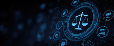 The image presents a digital concept featuring a scale of justice icon within a circular interface. The composition uses shades of blue, creating a modern and technological aesthetic. The illustration suggests themes of law, technology, and legal systems and is suitable for various commercial or editorial uses.の素材