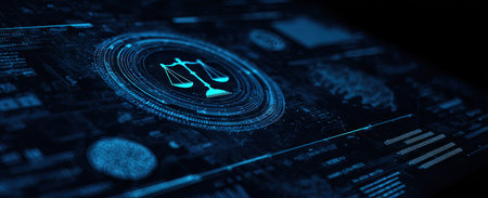 An illustration features a digital representation of scales of justice set within a futuristic interface. The scene is dominated by shades of blue with glowing elements. This image could be used for various commercial or editorial applications concerning legal and technological themes.の素材