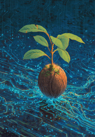 A close-up illustration depicts a plant growing from a sphere, set against a backdrop of glowing digital circuitry. The leaves are green, contrasted with the sphere's brown texture. The overall style suggests technology and nature concepts suitable for commercial or editorial applications.の素材
