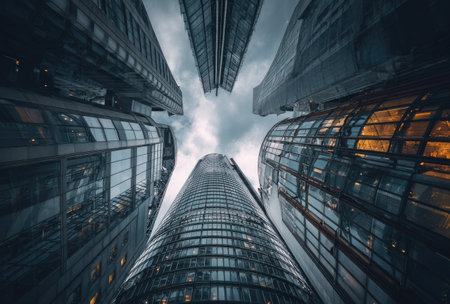 An upward perspective captures tall buildings against a cloudy sky. The architecture features glass and metal, reflecting ambient light. The composition offers a dynamic view suitable for various commercial uses, including website headers or editorial articles.の素材