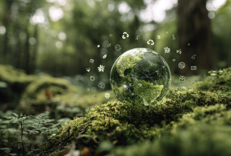 A translucent globe rests atop moss, surrounded by lush greenery and recycling symbols. The naturalistic image displays a vibrant palette of greens with soft, diffused lighting. It suggests an outdoor setting, potentially a forest, illustrating environmental themes suitable for various commercial and editorial applications.の素材