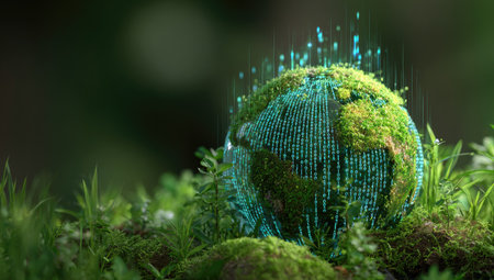 An image showcases a globe covered in lush greenery, blending with digital data streams. The vibrant green tones contrast with a blurred background, suggesting a natural environment. This conceptual artwork could be utilized in various commercial projects, illustrating themes of sustainability and technology.の素材