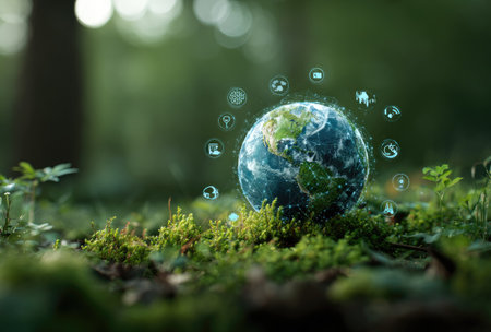 A miniature Earth globe sits atop lush green moss, surrounded by glowing particles. The image showcases vibrant green and blue hues, with soft lighting suggesting an outdoor environment. This conceptual image is suitable for various commercial uses related to environment, technology, or global themes.の素材