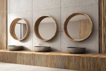 This image features a modern bathroom design with three circular mirrors mounted on a textured wall. The room incorporates wood accents and a minimalist aesthetic. The composition offers clean lines and neutral colors suitable for various applications, including interior design and lifestyle publications.の素材