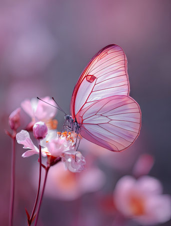 A close-up photograph showcases a butterfly with pink and white wings perched on delicate flowers. The image features soft lighting and a shallow depth of field, creating a dreamy aesthetic. This composition and color palette suggest use for decorative prints, editorial content, and various design applications.の素材