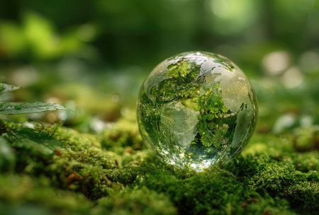 A clear crystal sphere sits on a bed of vibrant green moss, reflecting a detailed miniature landscape. The image features a shallow depth of field, with a blurred bokeh background of green foliage. The scene may be suitable for illustrating concepts related to environmentalism or natural resources and is appropriate for commercial applications.の素材