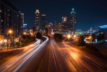 A nighttime cityscape is illuminated by numerous lights from buildings and street lamps. Long exposure captures the streaks of light from moving vehicles, creating trails of color. The composition highlights the urban environment and its dynamic elements. Suitable for illustrating various commercial and editorial topics.の素材