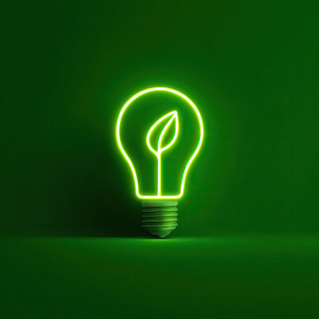 A green neon lightbulb design features a leaf symbol, suggesting eco-friendliness. The image is rendered with smooth textures, and the composition is focused on the central element set against a dark, monochromatic green backdrop. It may be suitable for advertisements, presentations, or various creative projects that address environmental topics.の素材