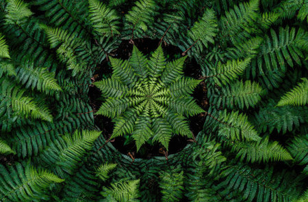 An overhead view reveals a circular arrangement of lush green fern leaves, creating a symmetrical pattern. The image showcases textures and variations in green tones, suggesting a natural environment with abundant sunlight. This composition is suitable for various commercial uses, including website backgrounds and print materials.の素材
