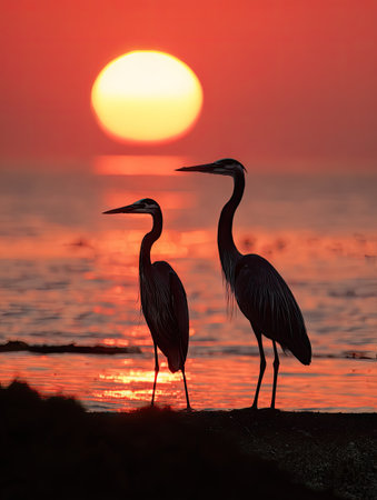 Two herons stand silhouetted against a vibrant sunset over water. The image features warm tones of orange and red, with the sun prominently positioned. It showcases a natural setting with a focus on wildlife and dramatic lighting, suitable for various editorial and commercial applications.の素材